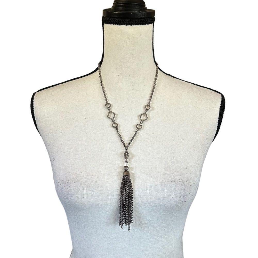 Vintage Silver Tone Metal Tassel Pendant Geometric Chain Necklace 70s Retro Boho